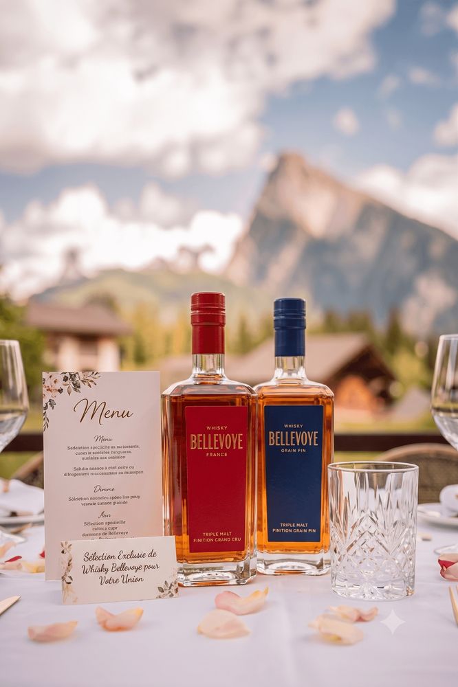 Table de mariage dressée avec menu personnalisé, montagnes en arrière-plan